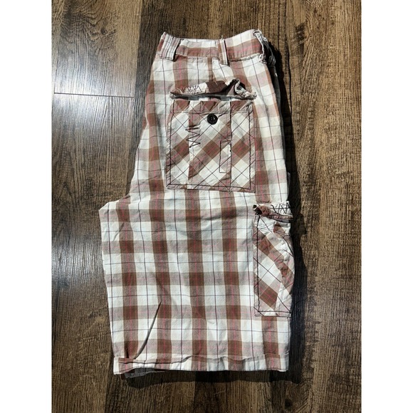 Koman Cargo Shorts Mens 32 White Brown‎ Plaid Utility Pockets Casual Flat Front - Picture 4 of 16